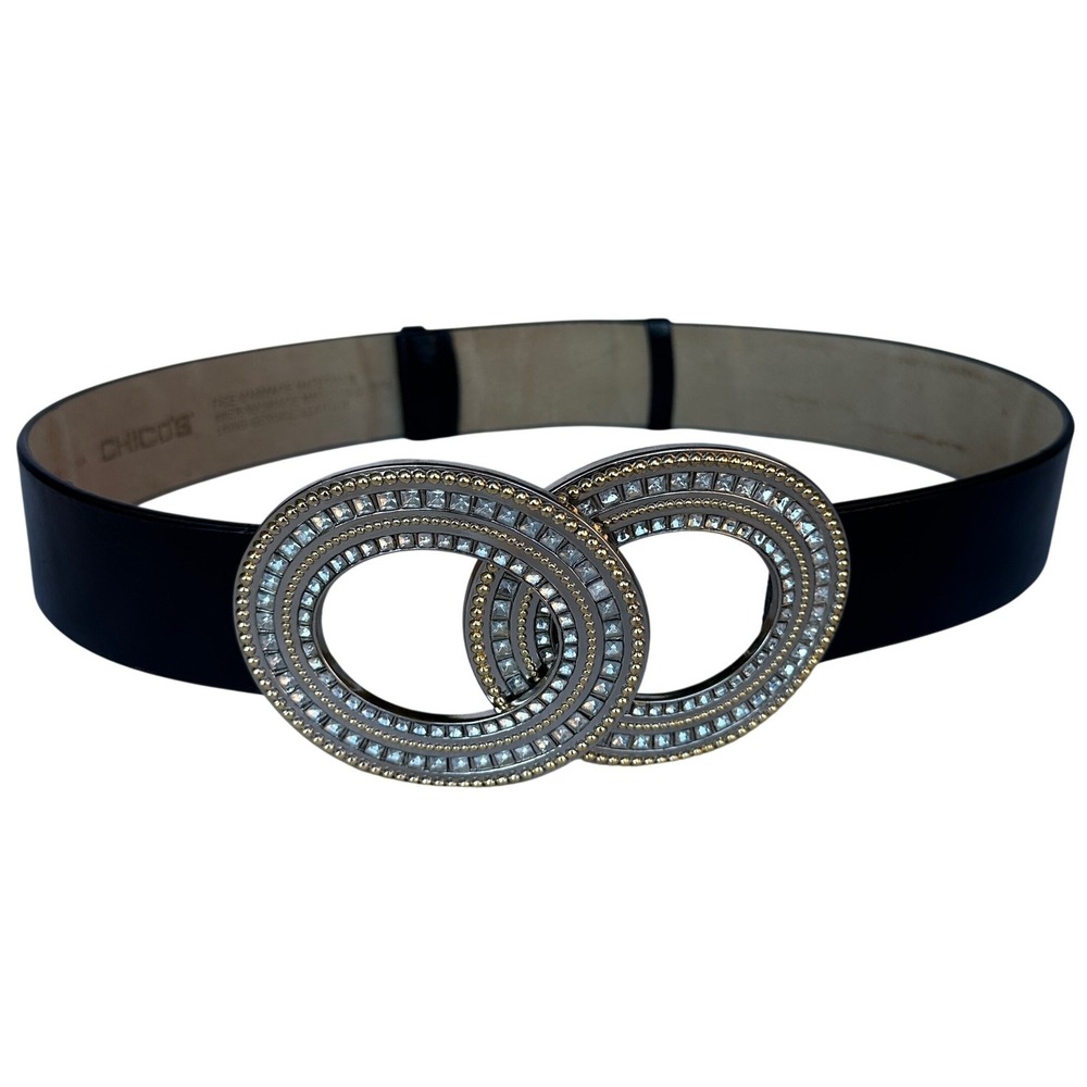 Chicos Black Leather Belt S/M Double Circle Rhinestone Beaded Buckle Glam Statem